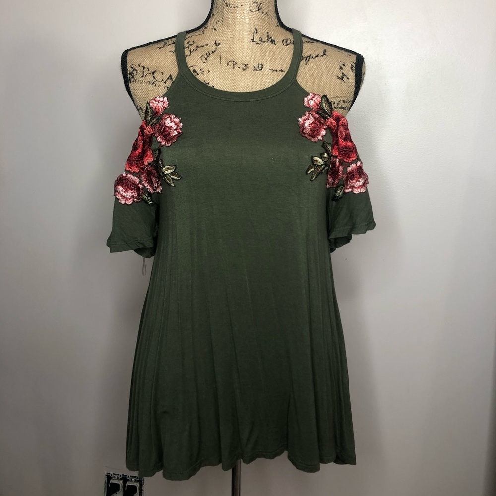 Hunter Green, Floral Accent Off-the-Shoulder Top